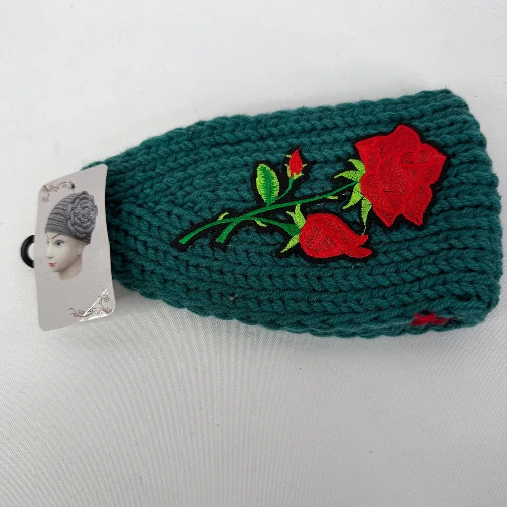 Floral Rose Embroidered Knit Ear Warmer Headband Teal Green Winter Headwrap NEW